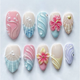 Seashell 3D Drip Glue Carved Gradient Press On Nails, Fresh Dopamine Floral Nails with Rhinestones, Ins Style Nail Art